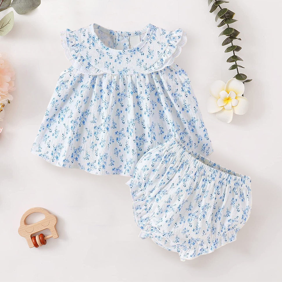 2PCS Summer Casual Woven Floral Printed Sleeveless Baby Set