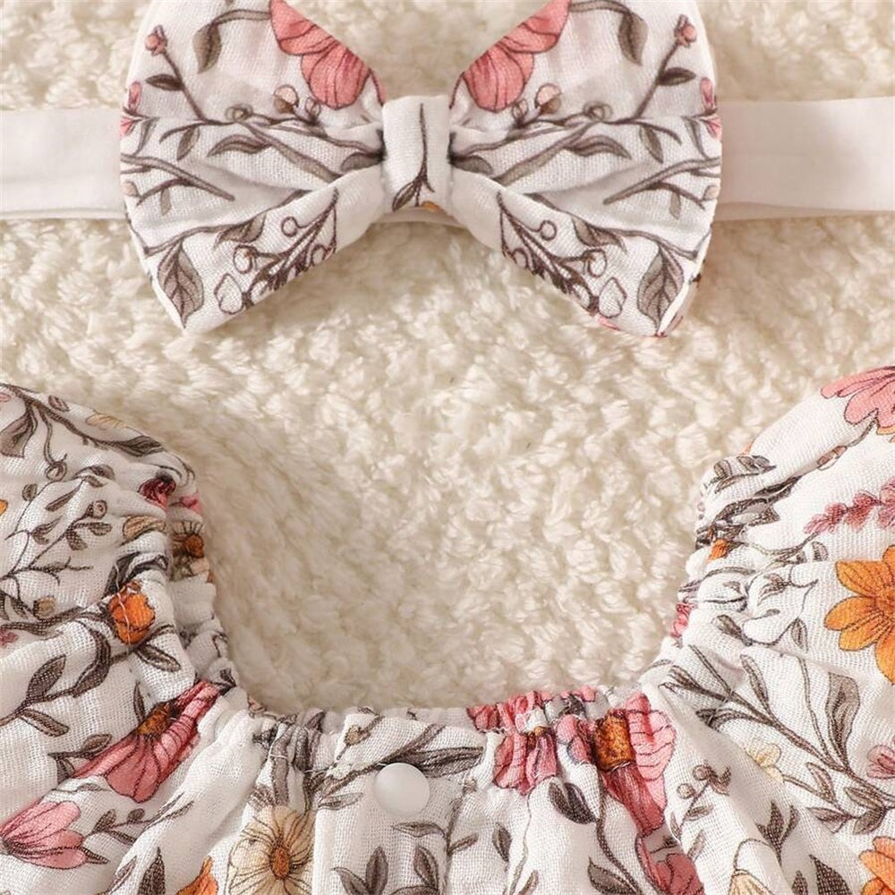 2PCS Adorable Floral Print Flutter Sleeve Baby Romper