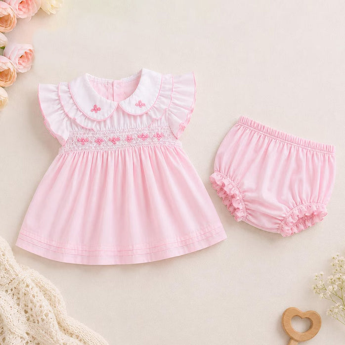 2PCS Sweet Floral Embroidered Flutter Sleeve Baby Girl Set