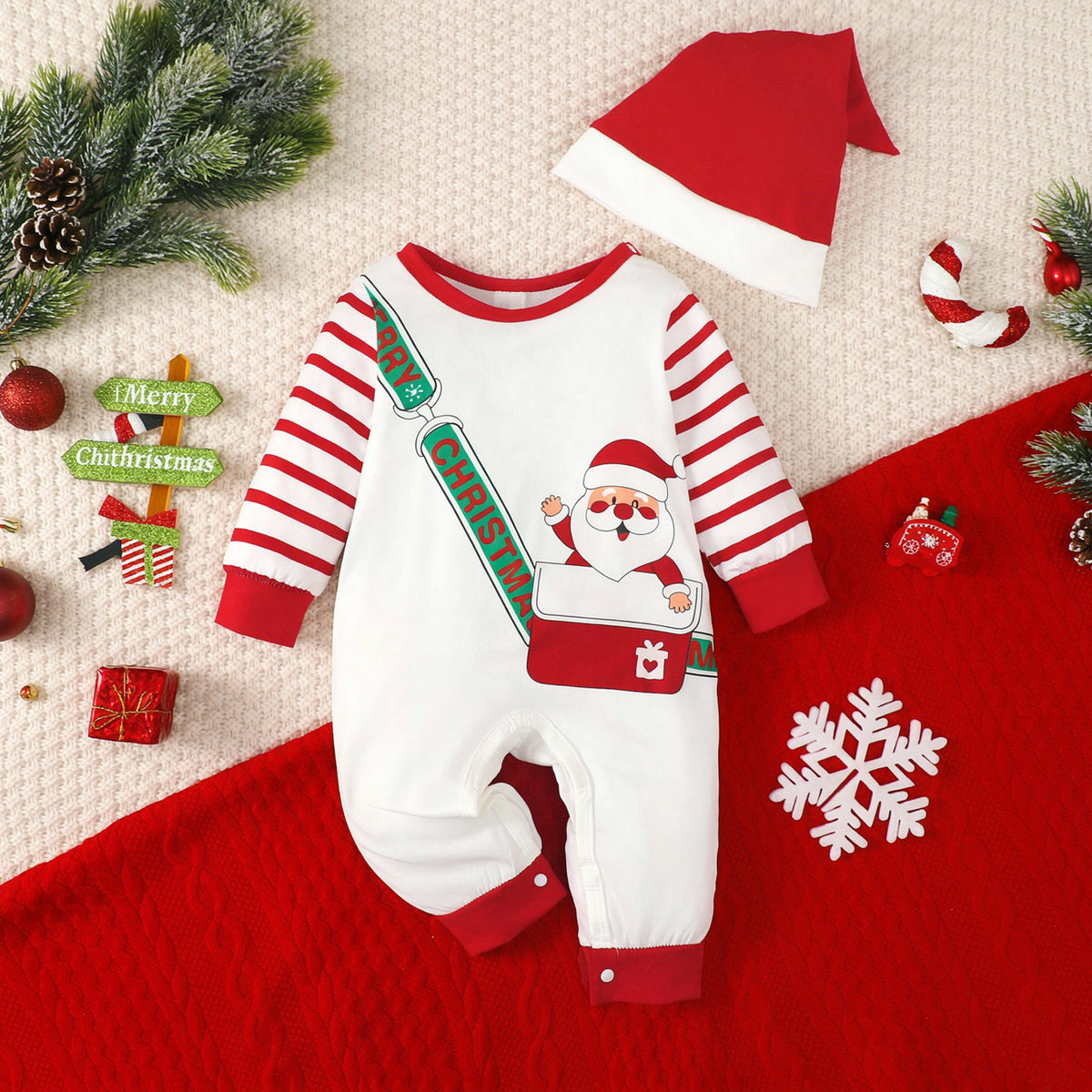 2PCS Cute Letter and Santa Print Striped Baby Christmas Jumpsuit