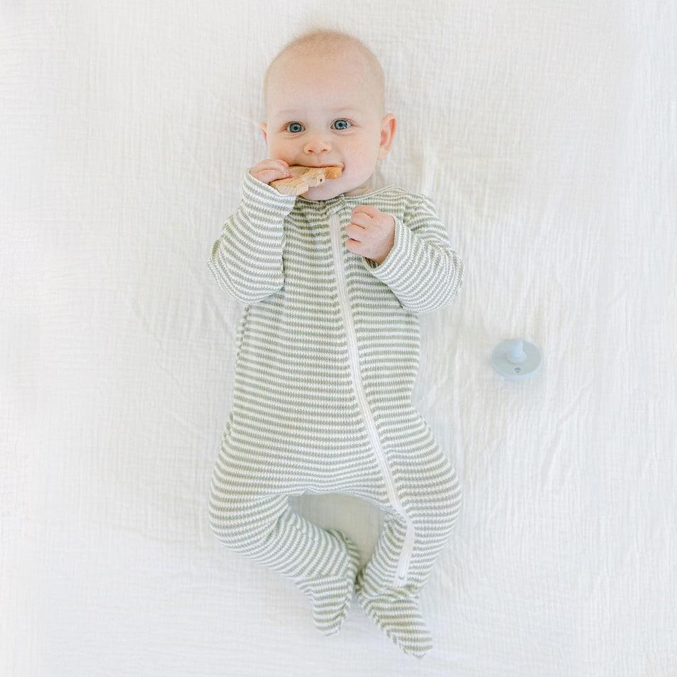 Casual Stripe Printed Long Sleeve Ribbed Zipper Baby Jumpsuit