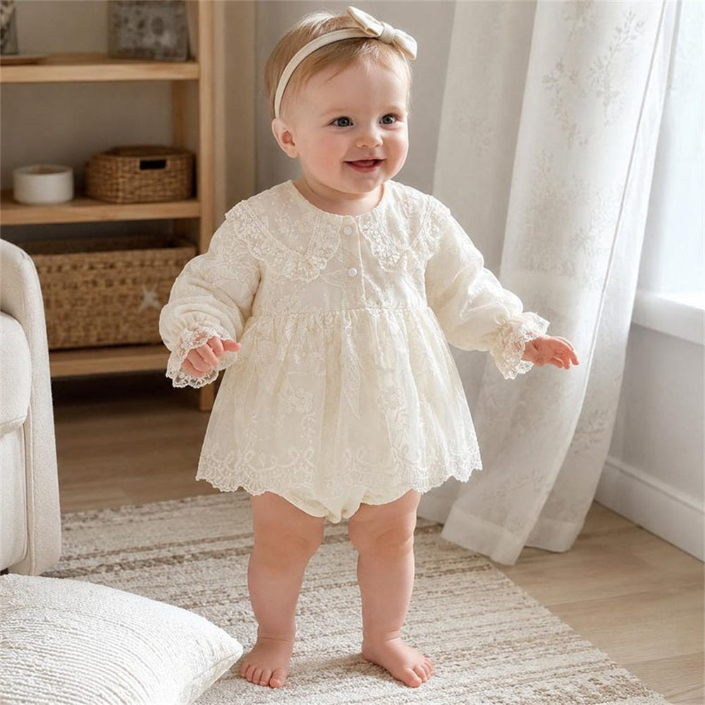 Gorgeous Solid Color Long Sleeve Floral Embroidery Baby Romper