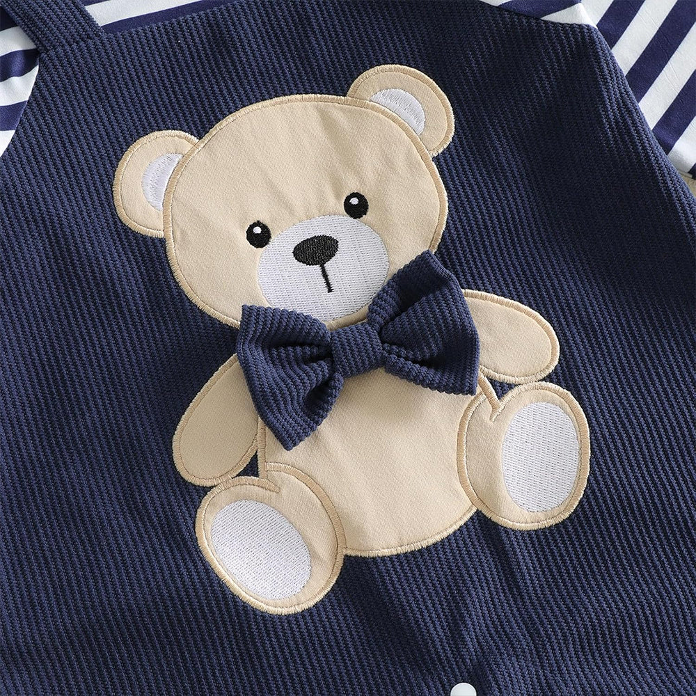 2PCS Adorable Bear Stripe Print Bow Baby Jumpsuit