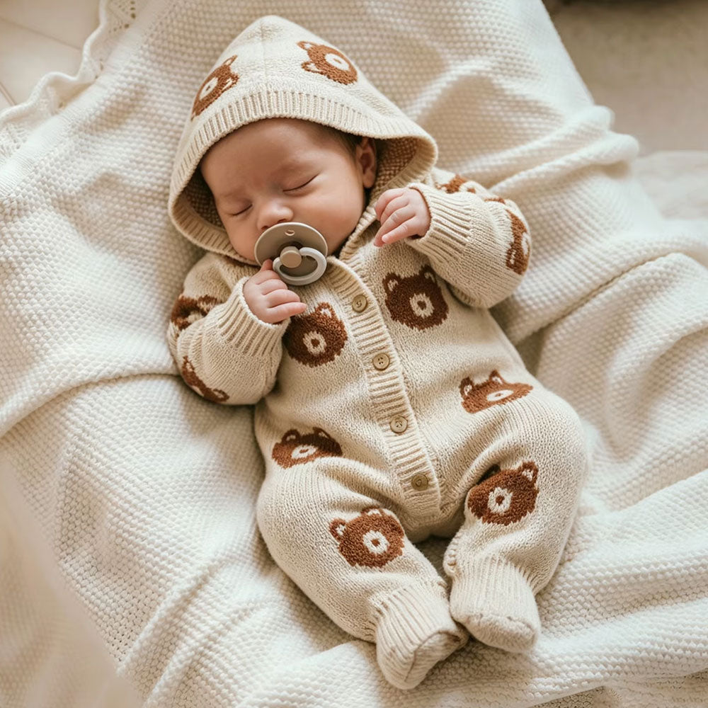 Cozy Bear Printed Hoodie Long Sleeve Knit Baby Jumpsuit