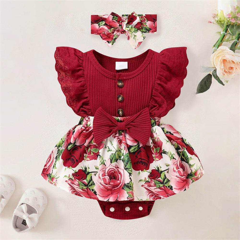 2PCS Floral Printed Ruffled Sleeveless Baby Romper