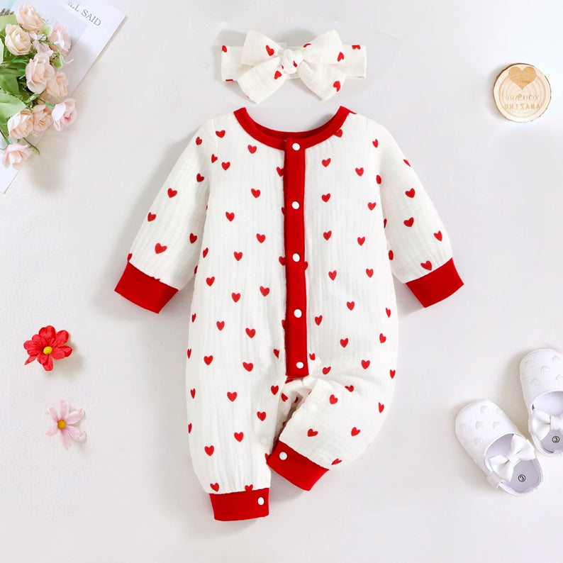 2PCS Cute Heart Print Long Sleeve Baby Jumpsuit