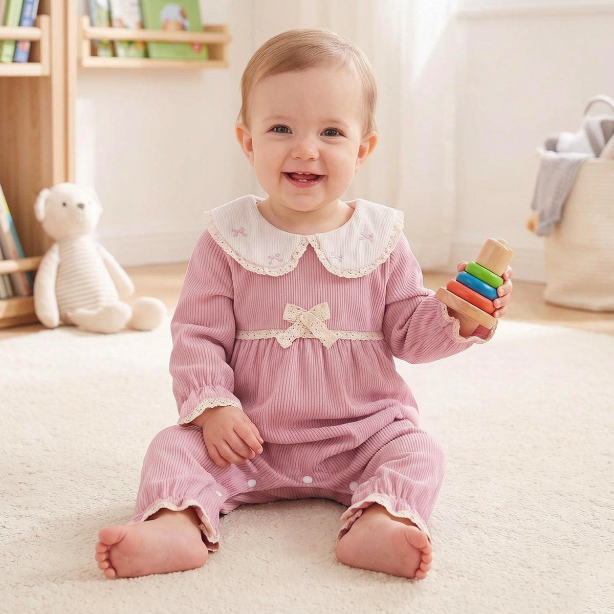 Elegant Bow Embroidery and Lace Trim Long Sleeve Baby Jumpsuit