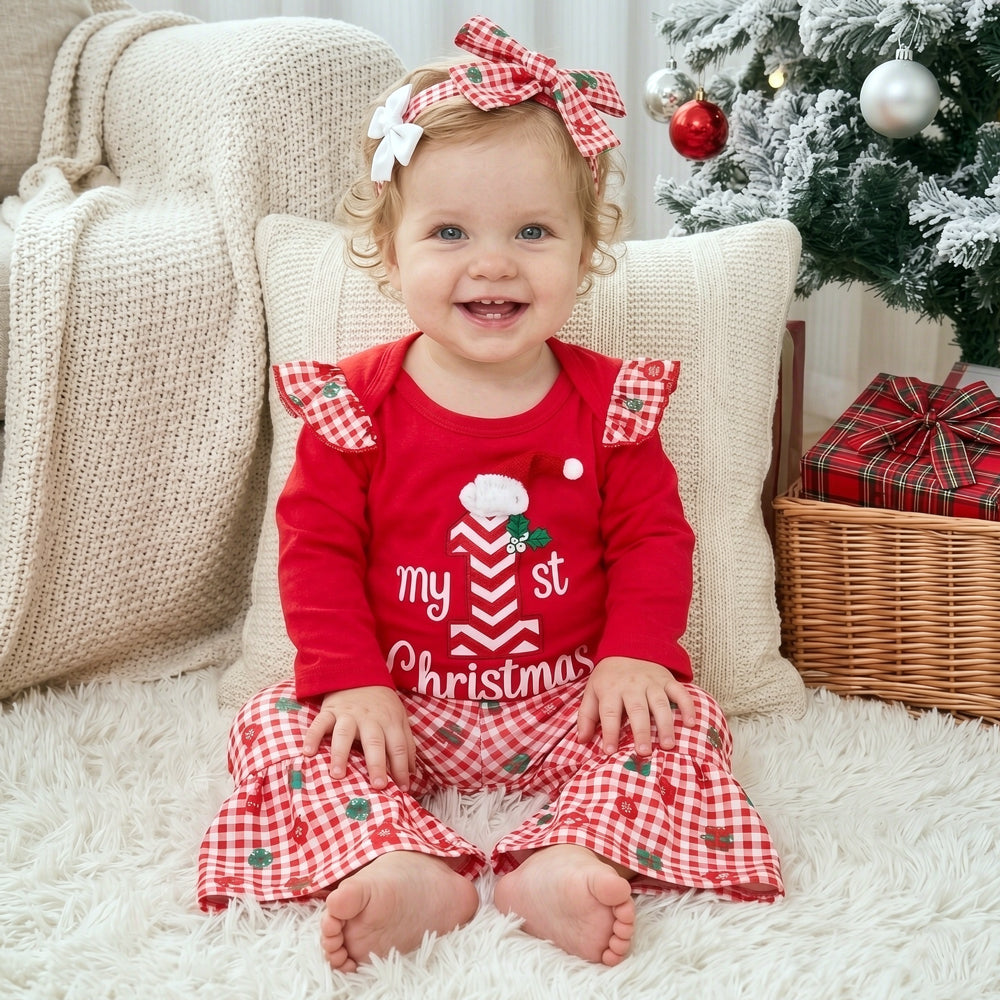 3PCS Sweet My 1st Christmas Letter Plaid Printed Long Sleeve Baby Set