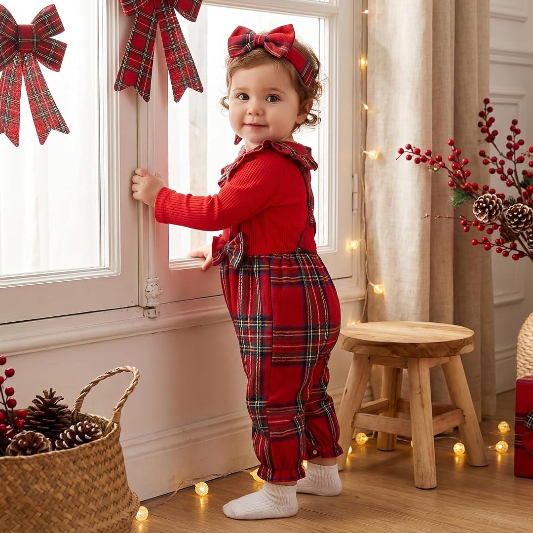 2PCS Cheerful Plaid Print Bow Long Sleeve Baby Girl Jumpsuit