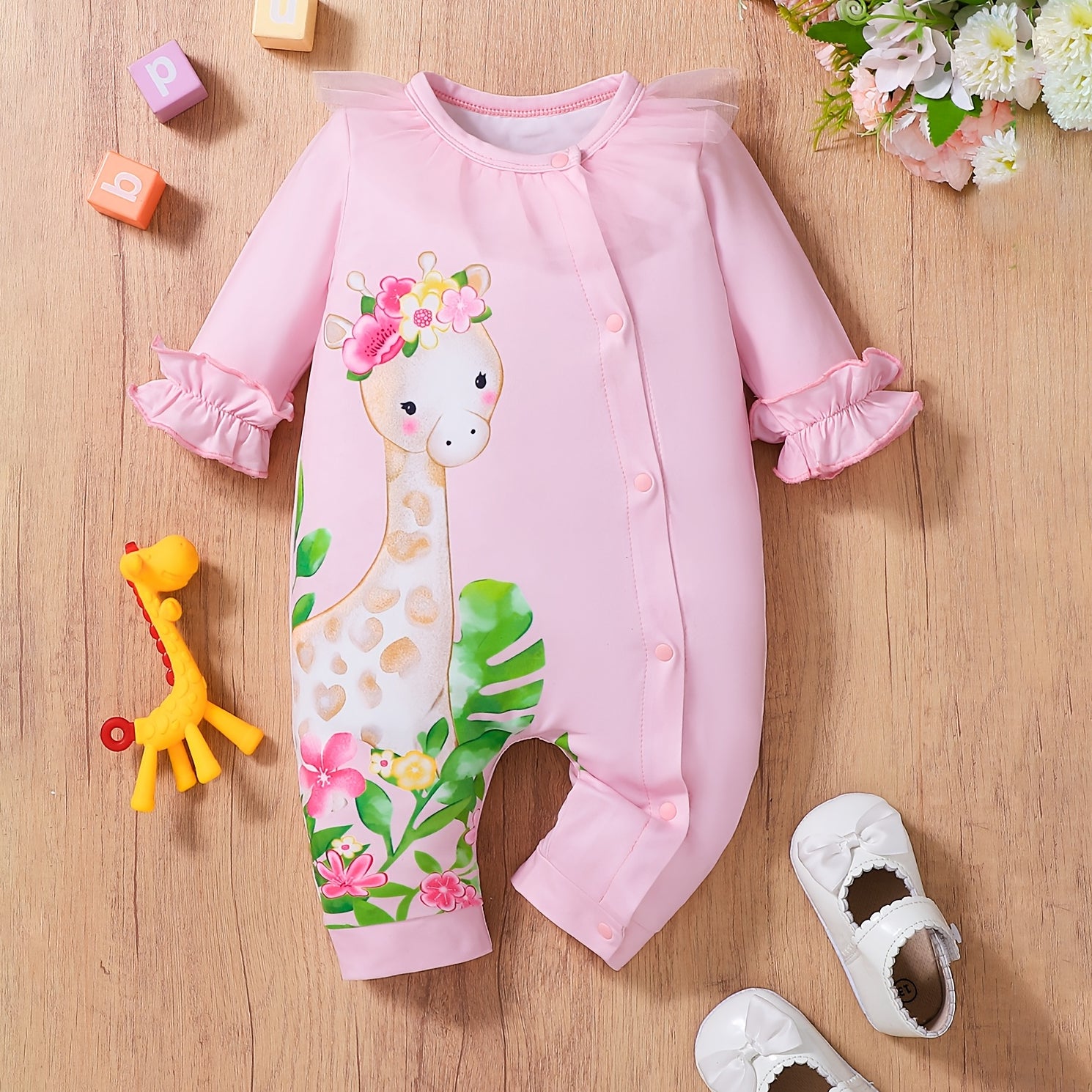 Sweet Giraffe Floral Print Long Sleeve Baby Jumpsuit