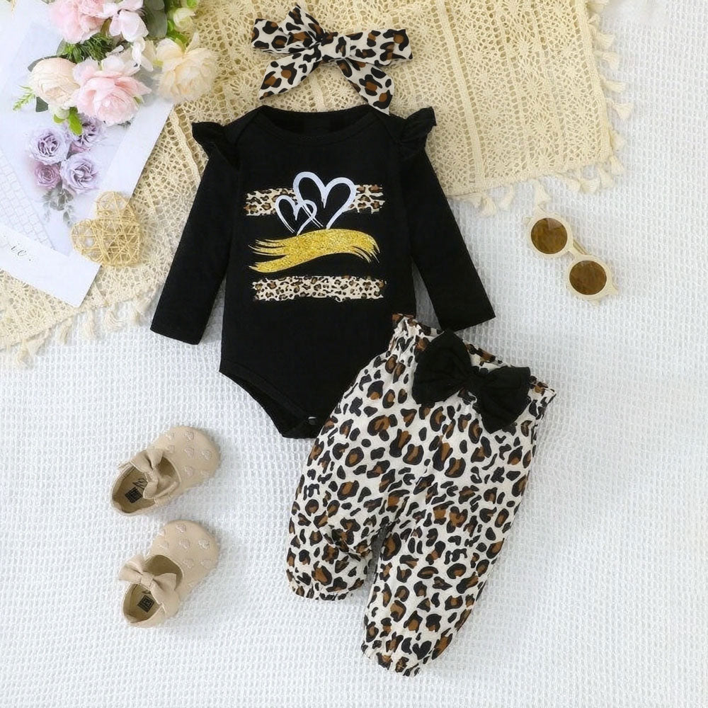 3PCS Sweet Heart and Leopard Printed Long Sleeve Baby Set
