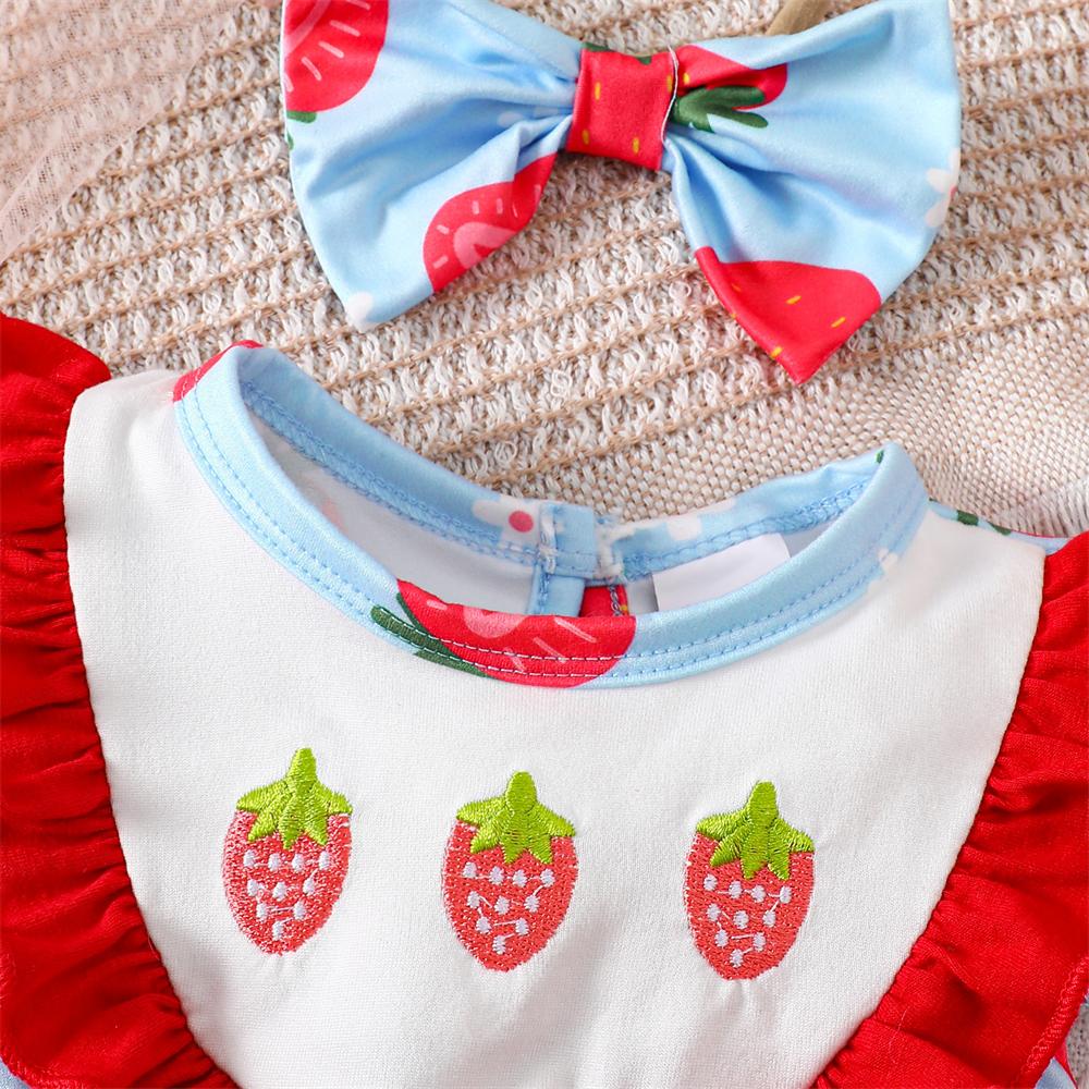 2PCS Lovely Strawberry & Floral Print Flutter Sleeve Baby Romper