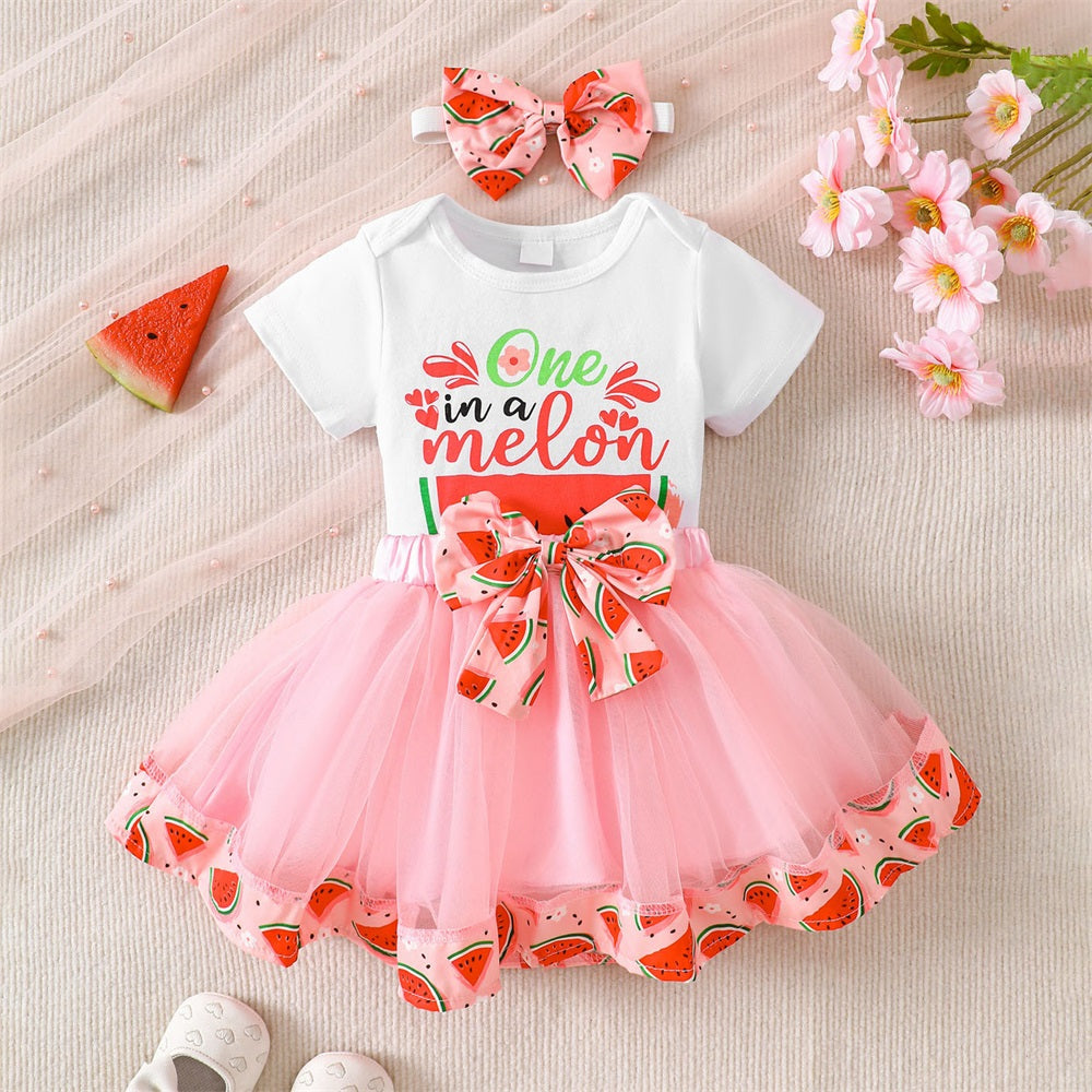 3PCS One in A Melon Letter Print Short Sleeve Baby Skirt Set