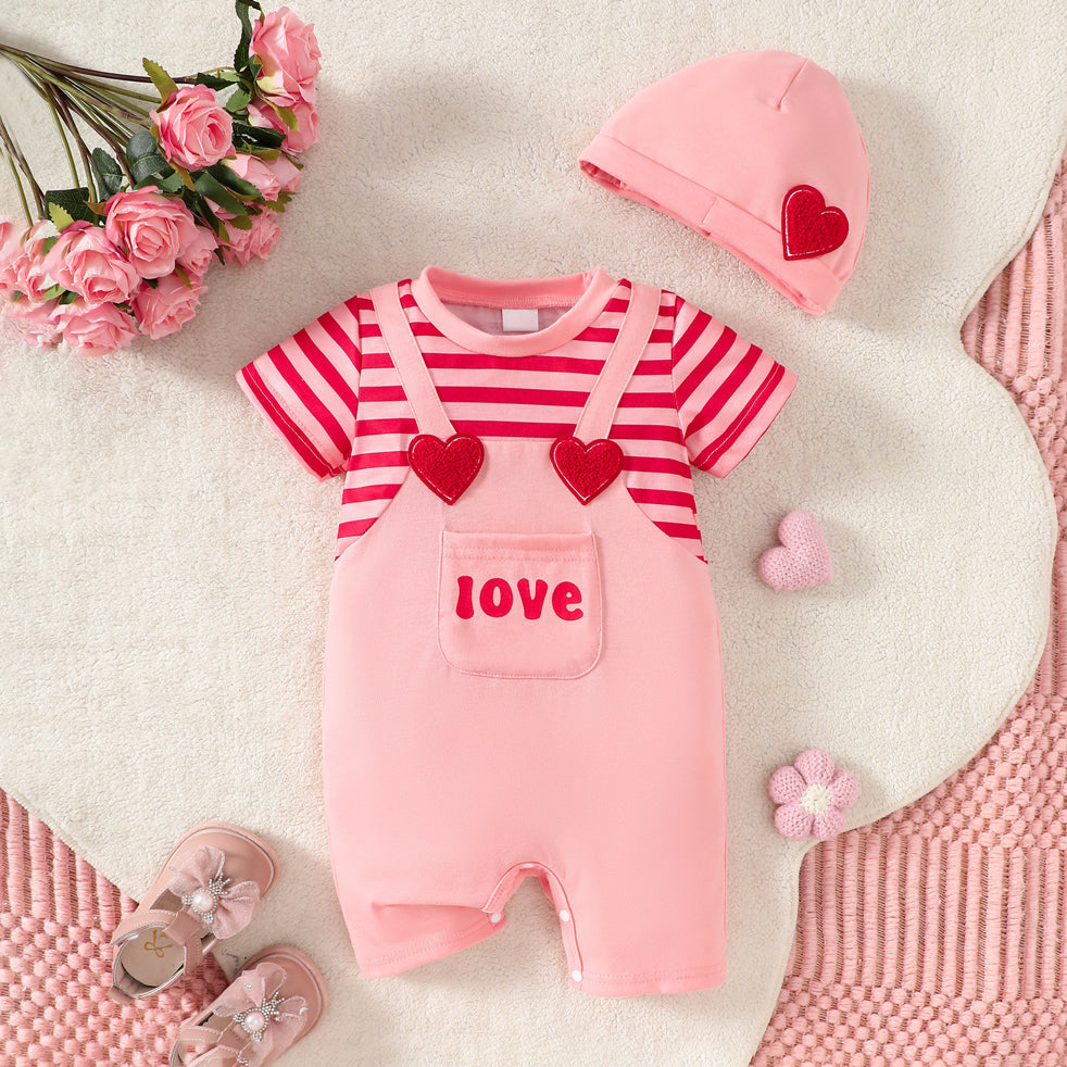 2PCS Cute Faux Layering Heart Appliqué Stripe Print Baby Jumpsuit