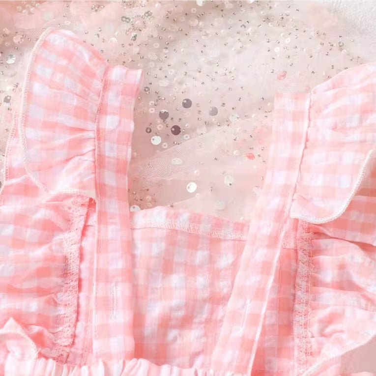 Sweet Cherry Applique Plaid Print Flutter Sleeve Baby Romper