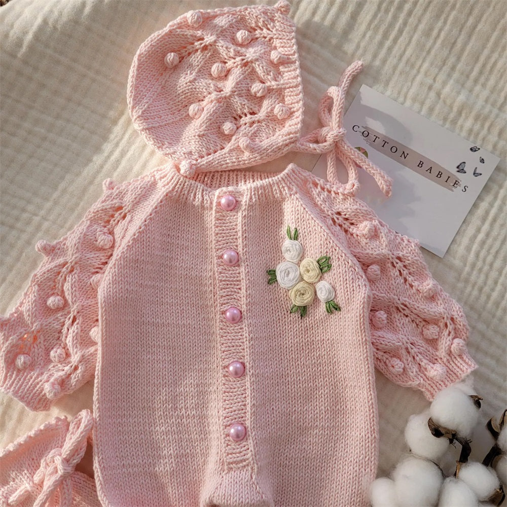 2PCS Sweet Floral Embroidery Knit Long Sleeve Baby Jumpsuit