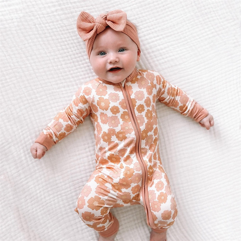 Comfy Soft Floral Print Long Sleeve Zipper Baby Jumpsuit