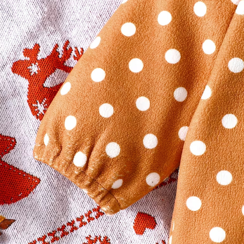 Polka Dots Deer Ears Long Sleeve Zipper Hooded Plush Baby Jumpsuit
