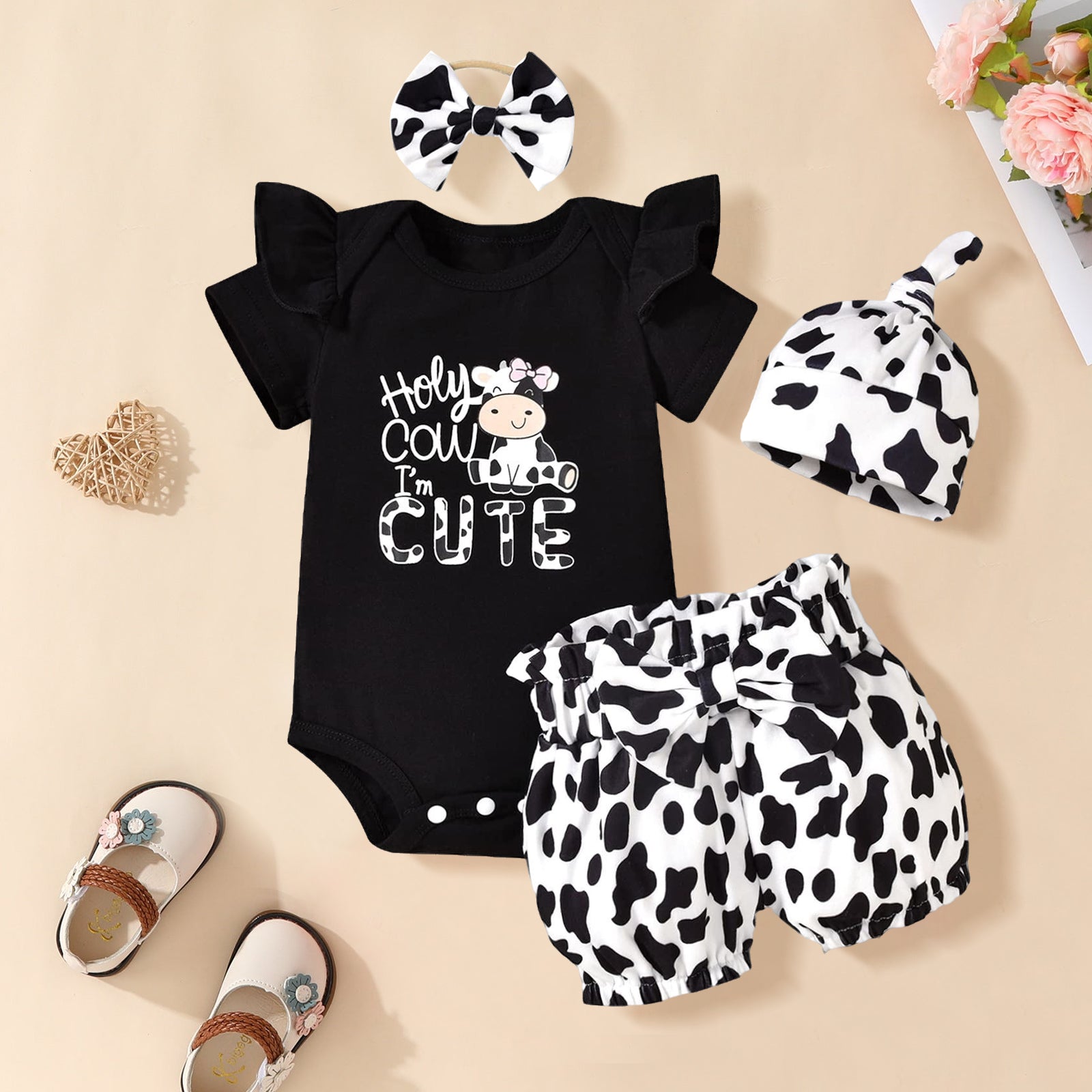 4PCS Holy Cow I'm Cute Letter Cow Printed Short Sleeve Baby Set