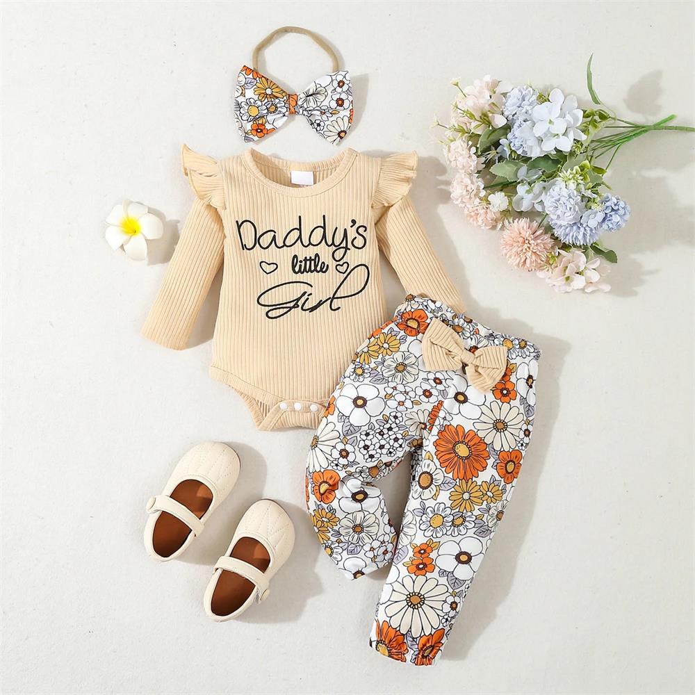 3PCS Daddy's Little Girl Letter Floral Print Long Sleeve Baby Set