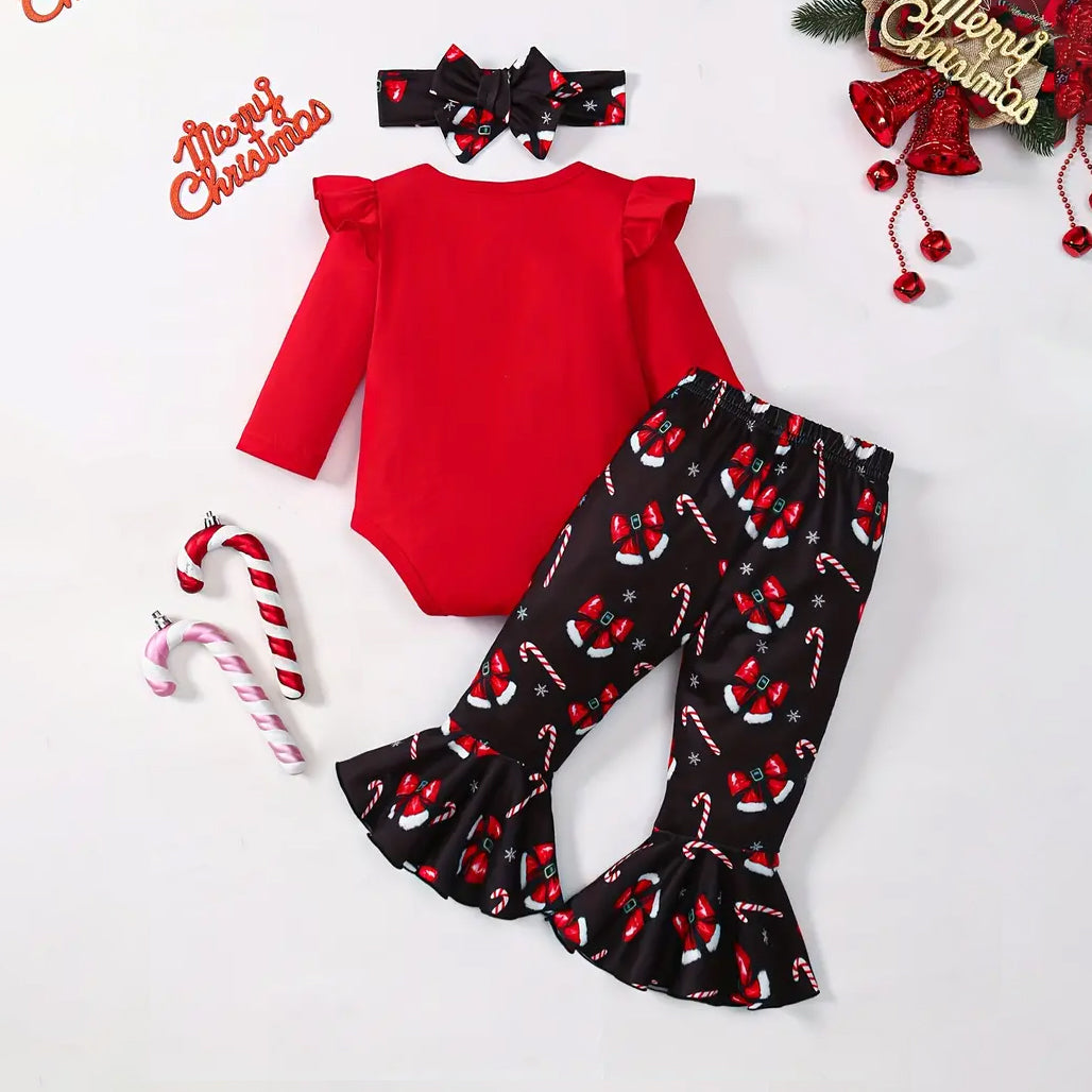 3PCS My First Christmas Letter Bow Printed Long Sleeve Baby Set