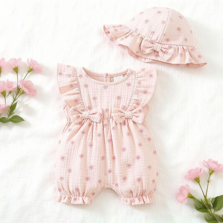 2PCS Sweet Floral Printed Flutter Sleeve Baby Jumpsuit