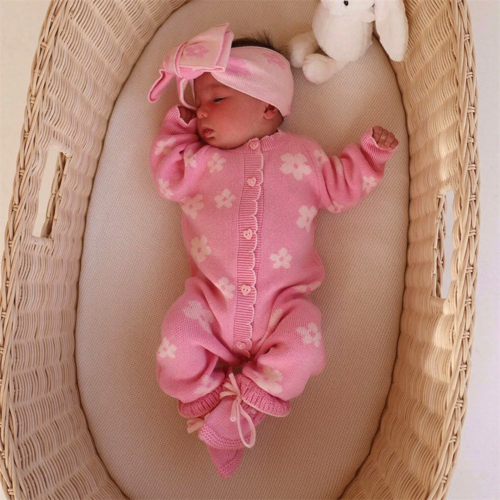 Grace Floral Printed Knitted Long Sleeve Baby Girl Jumpsuit