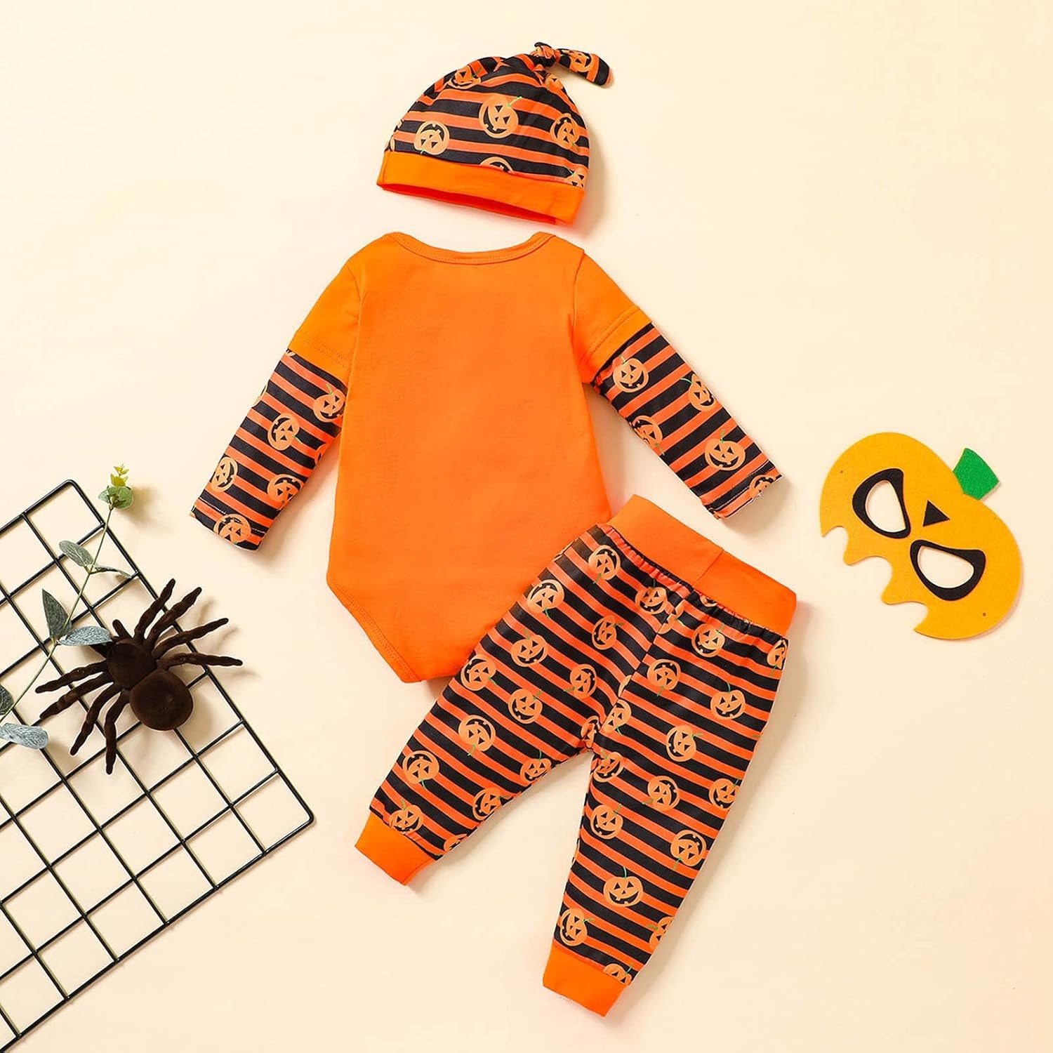 3PCS Halloween Pumpkin Stripe Printed Baby Set