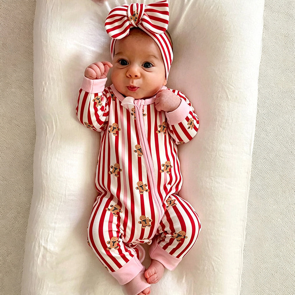 2PCS Gingerbread and Stripe Printed Long Sleeve Baby Jumpsuit