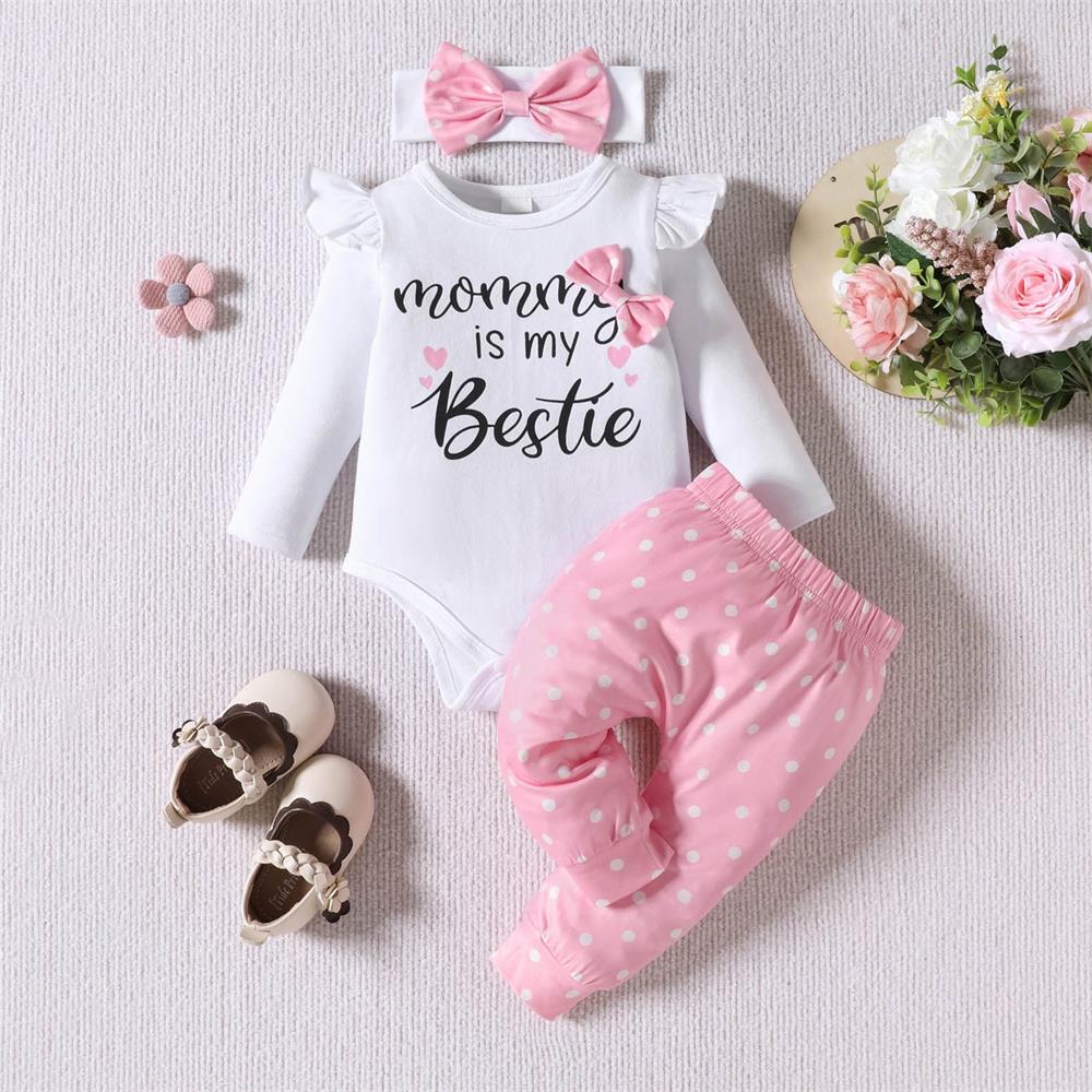 3PCS Mama Is My Bestie Letter Print Long Sleeve Baby Girl Set