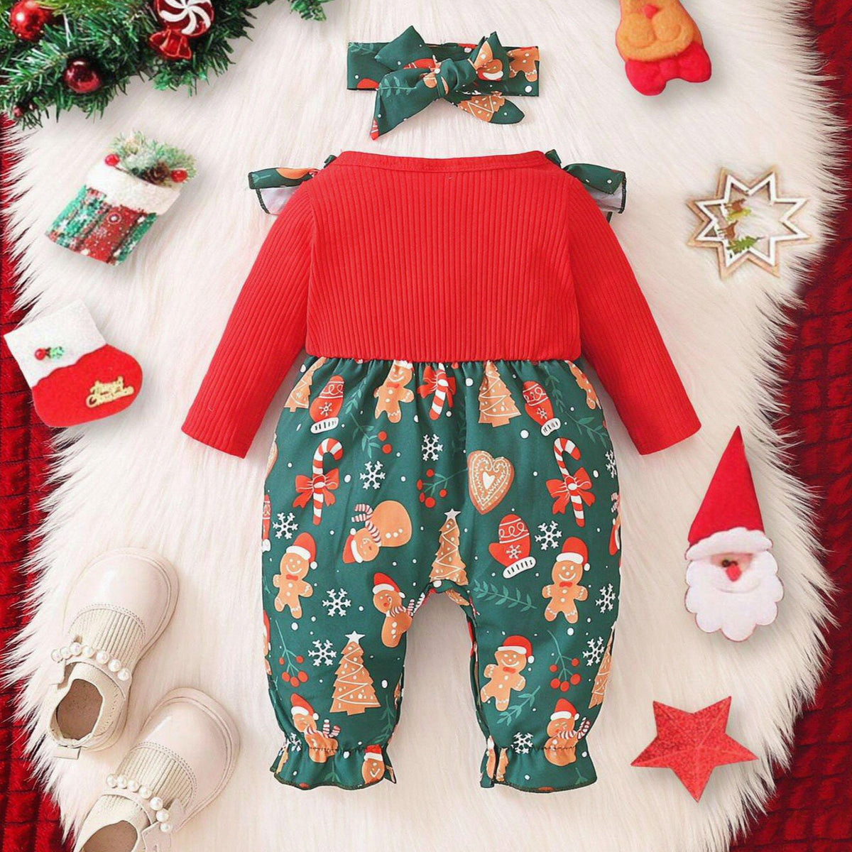 2PCS Sweet Christmas Print Long Sleeve Baby Girl Jumpsuit