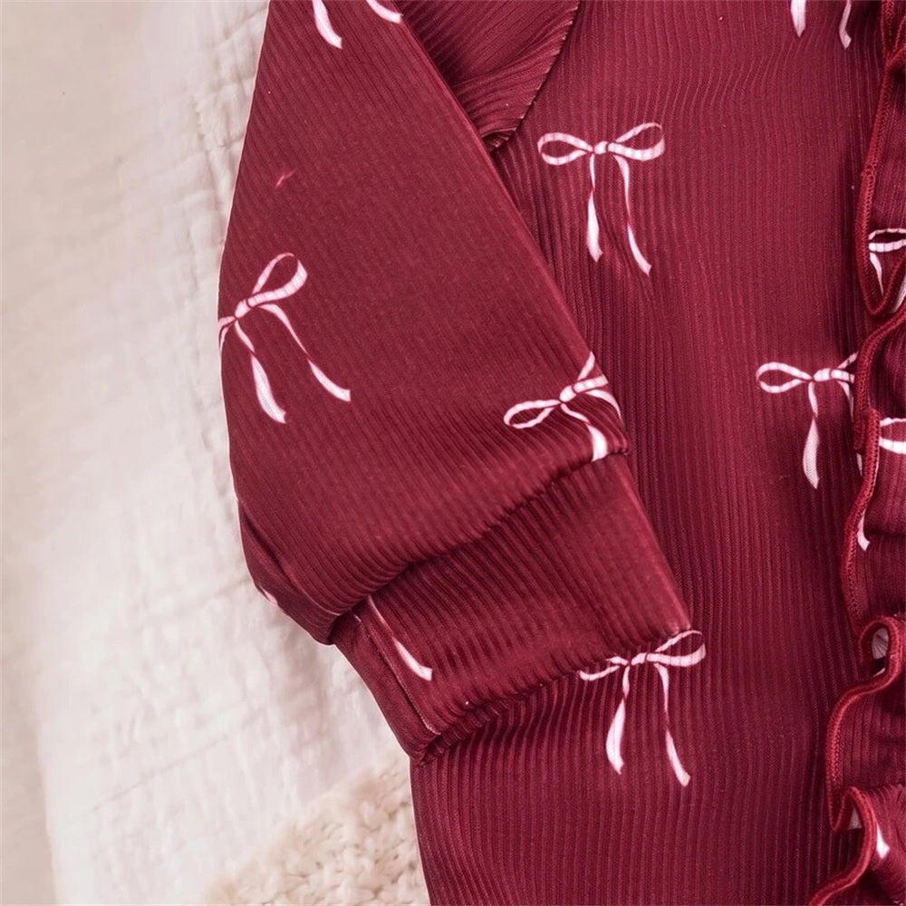 2PCS Grace Bow Print Long Sleeve Zipper Baby Jumpsuit