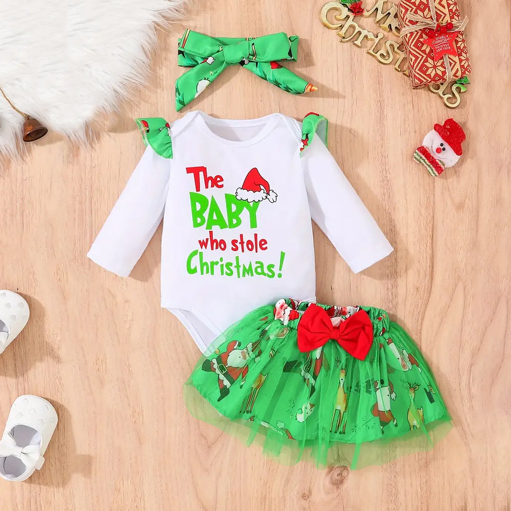 3PCS THE BABY WHO STOLE CHRISTMAS Letter Printed Long Sleeve Baby Set