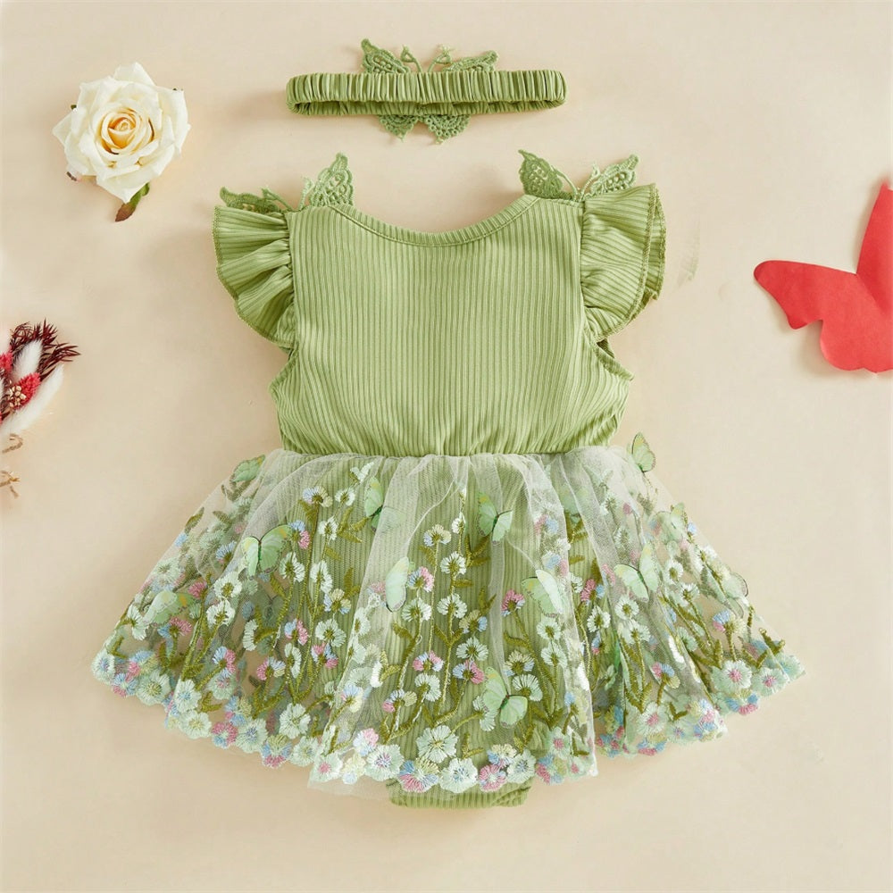 2PCS Summer Butterfly Decor Tulle Skirt Baby Romper