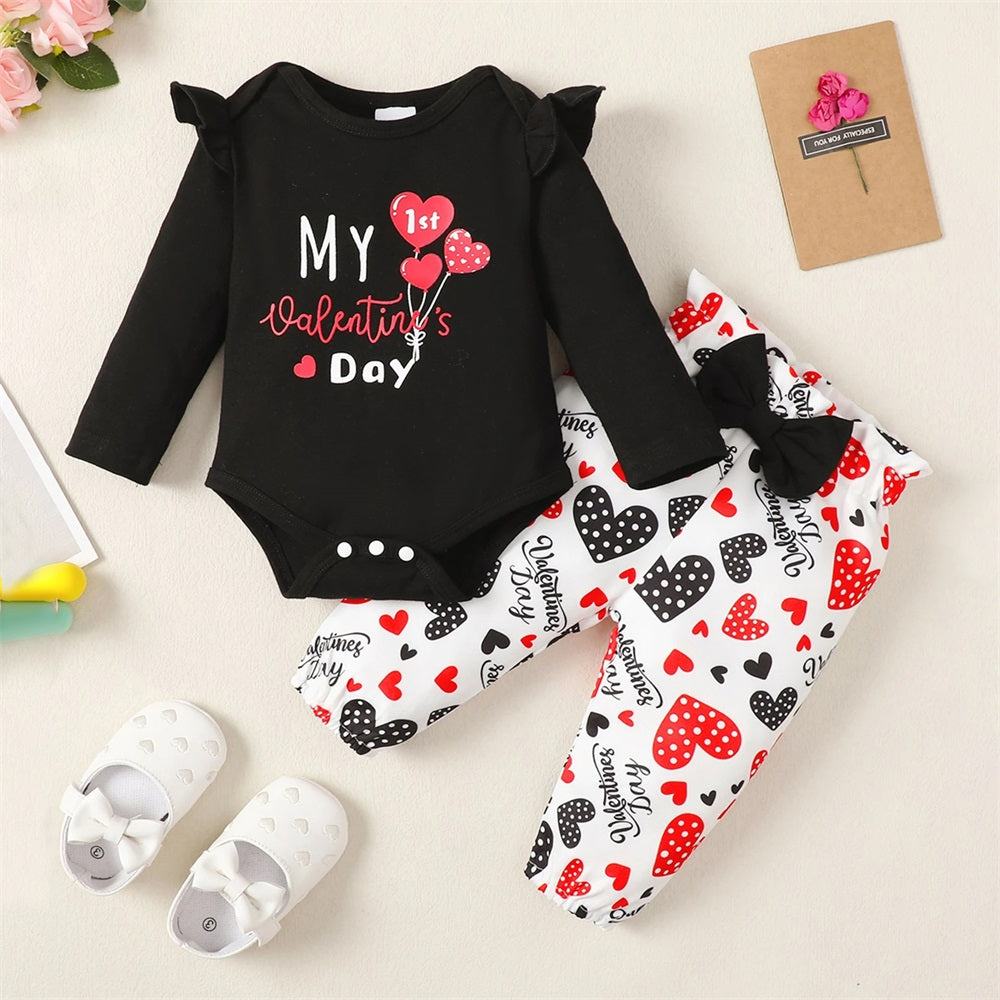 2PCS My 1st Valentine's Day Letter Heart Print Long Sleeve Baby Set