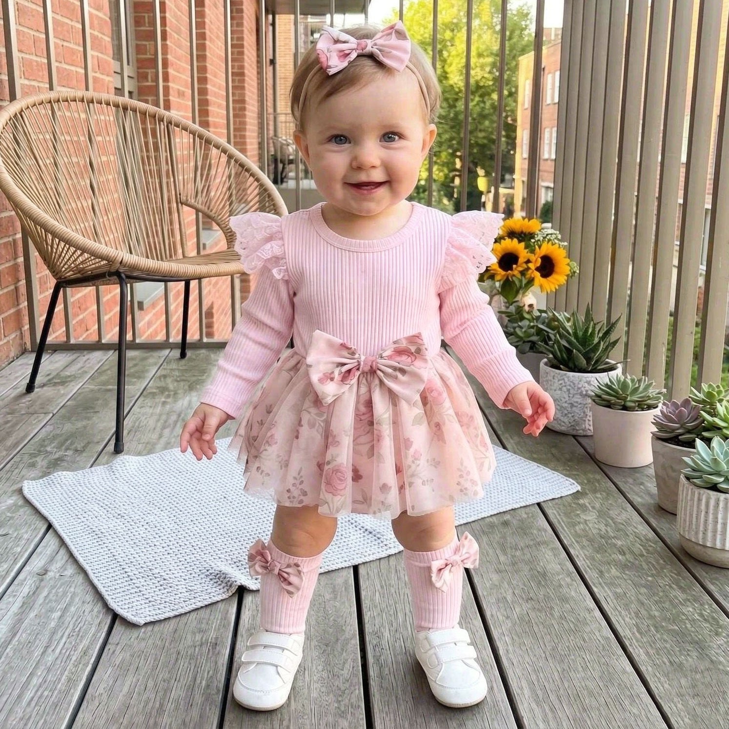 3PCS Gorgeous Floral Printed Ruffle Decor Baby Girl Romper