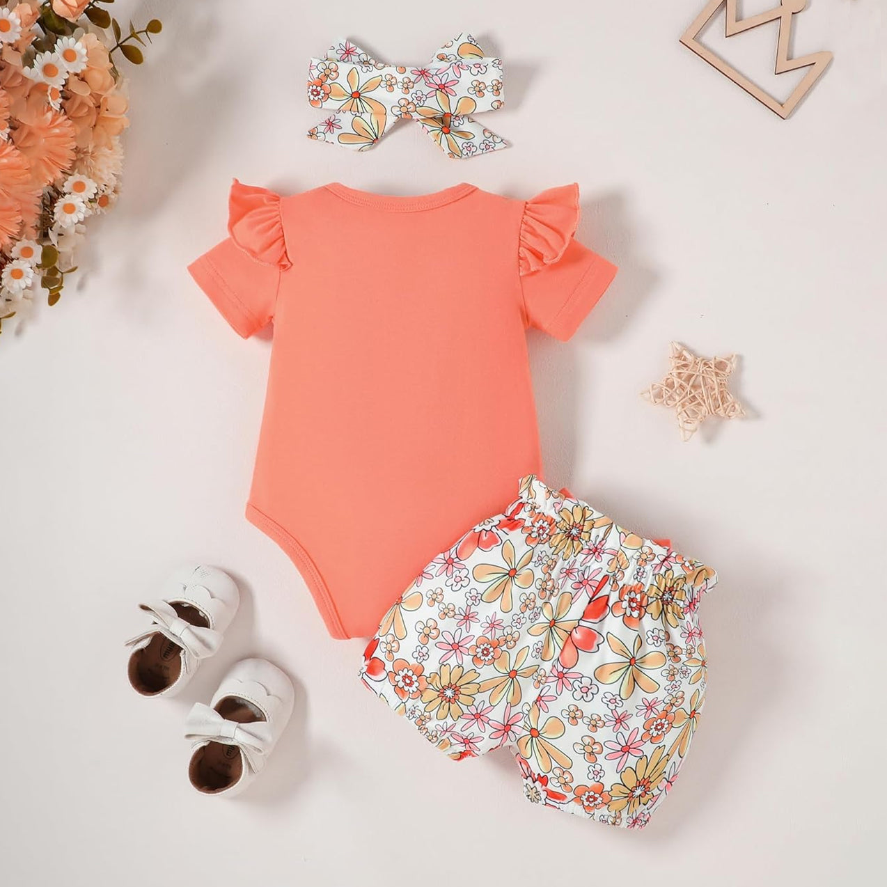 3PCS Grace Llittle Sister Letter Floral Print Short Sleeve Baby Set