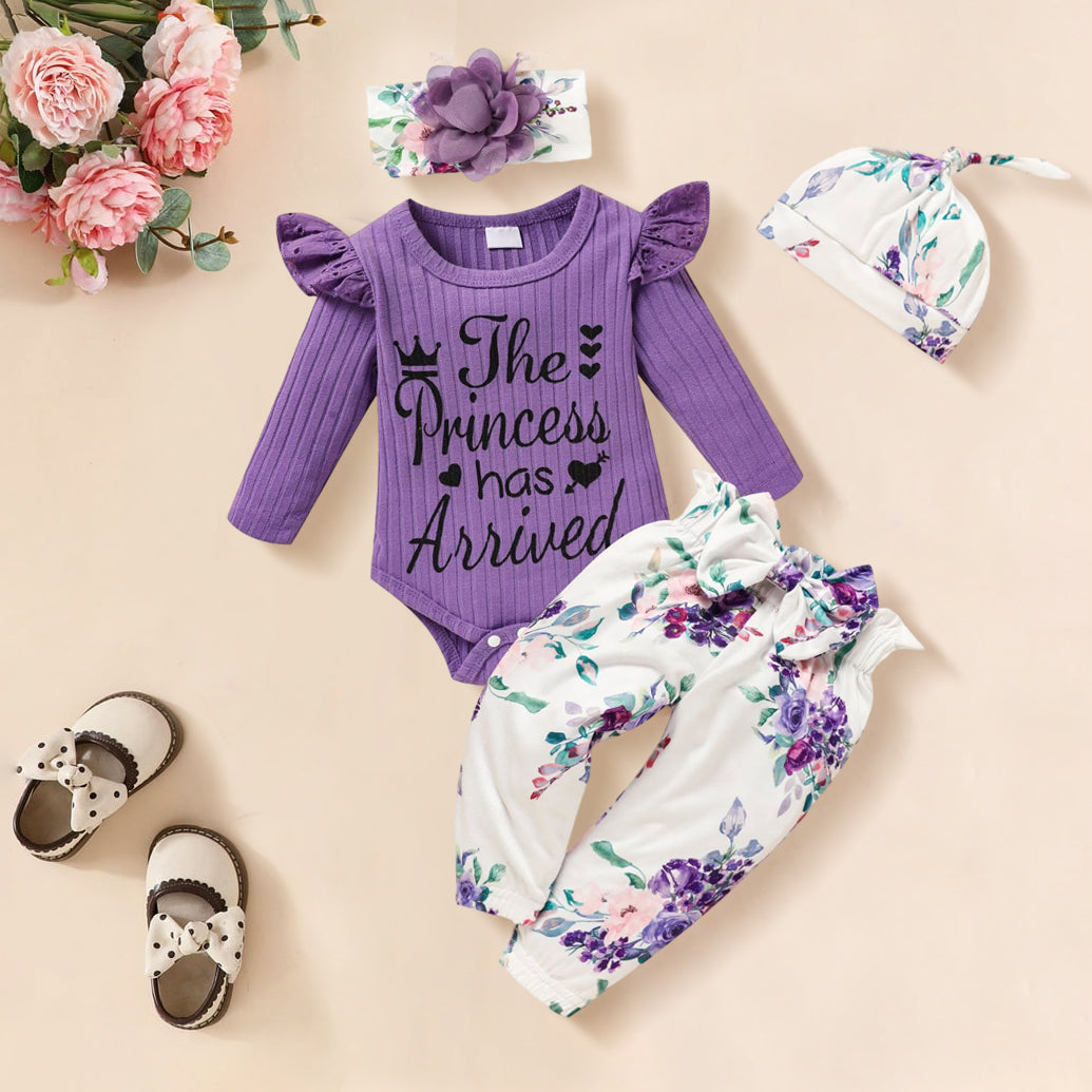 4PCS The Princess Has Arrived Letter Floral Printed Baby Set