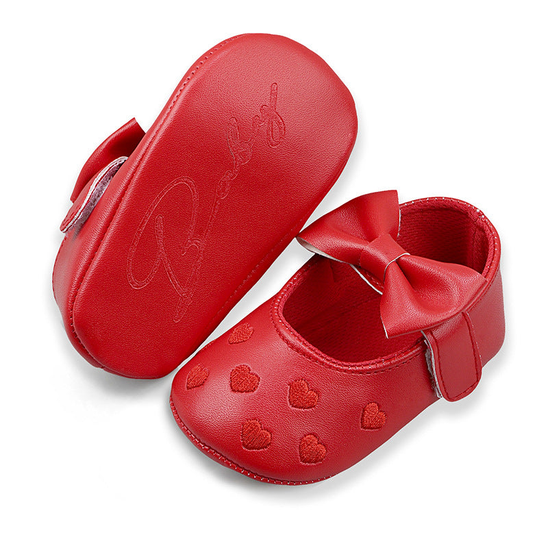 Embroidered Heart Bow Soft Sole Baby Prewalker Shoes