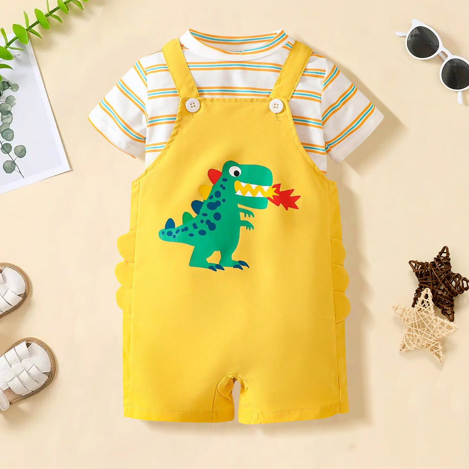 2PCS Dinosaur Printed Striped Short Sleeve Baby Bib Pants Set