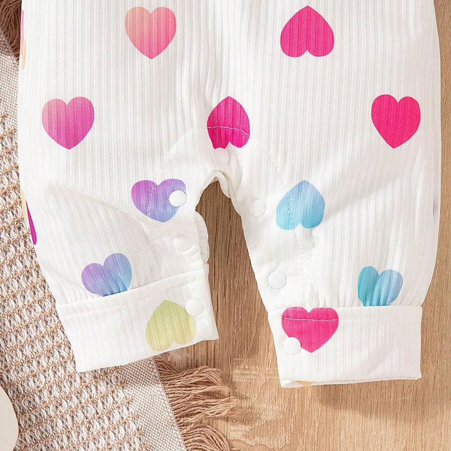 2PCS Dreamy Allover Heart Print Long Sleeve Baby Jumpsuit