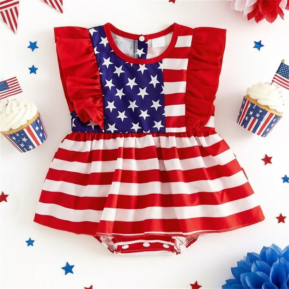 Casual Stripe and Star Printed Ruffled Sleeveless Baby Romper