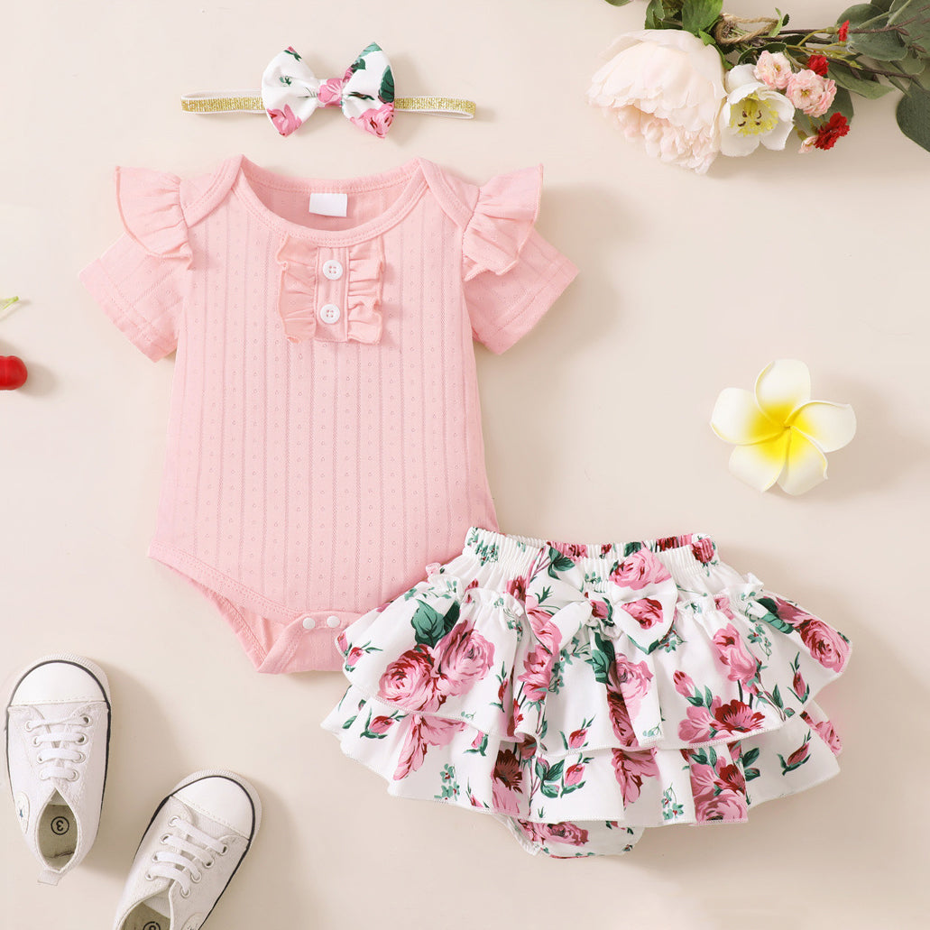 3PCS Floral Printed Ruffle Bowknot Short Sleeve Baby Set