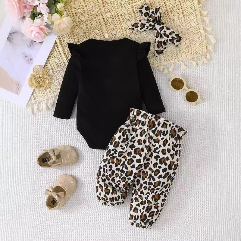 3PCS Sweet Heart and Leopard Printed Long Sleeve Baby Set