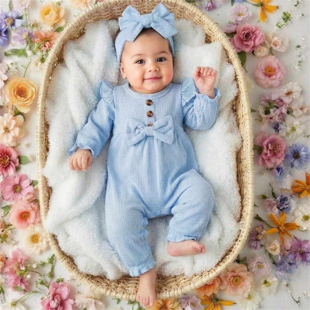 2PCS Comfy Solid Color Bow Long Sleeve Baby Jumpsuit