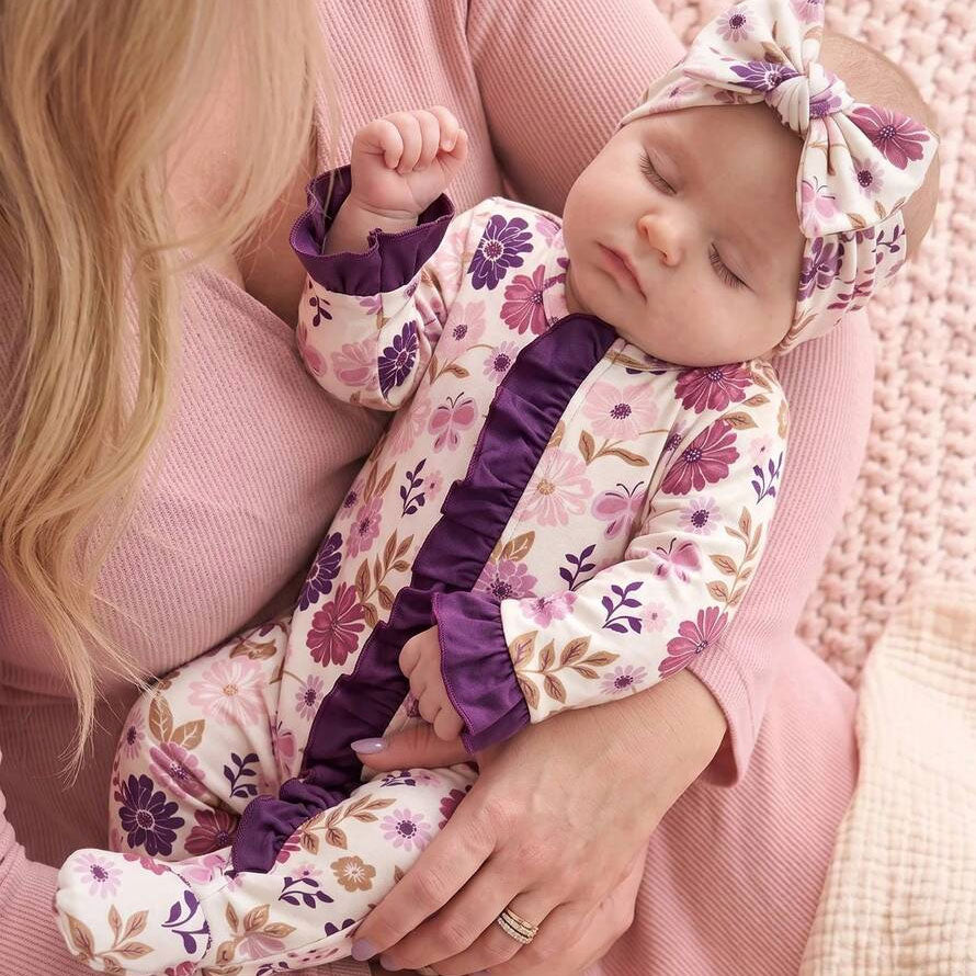 2PCS Chic Floral Printed Ruffle Zipper Long Sleeve Baby Jumpsuit