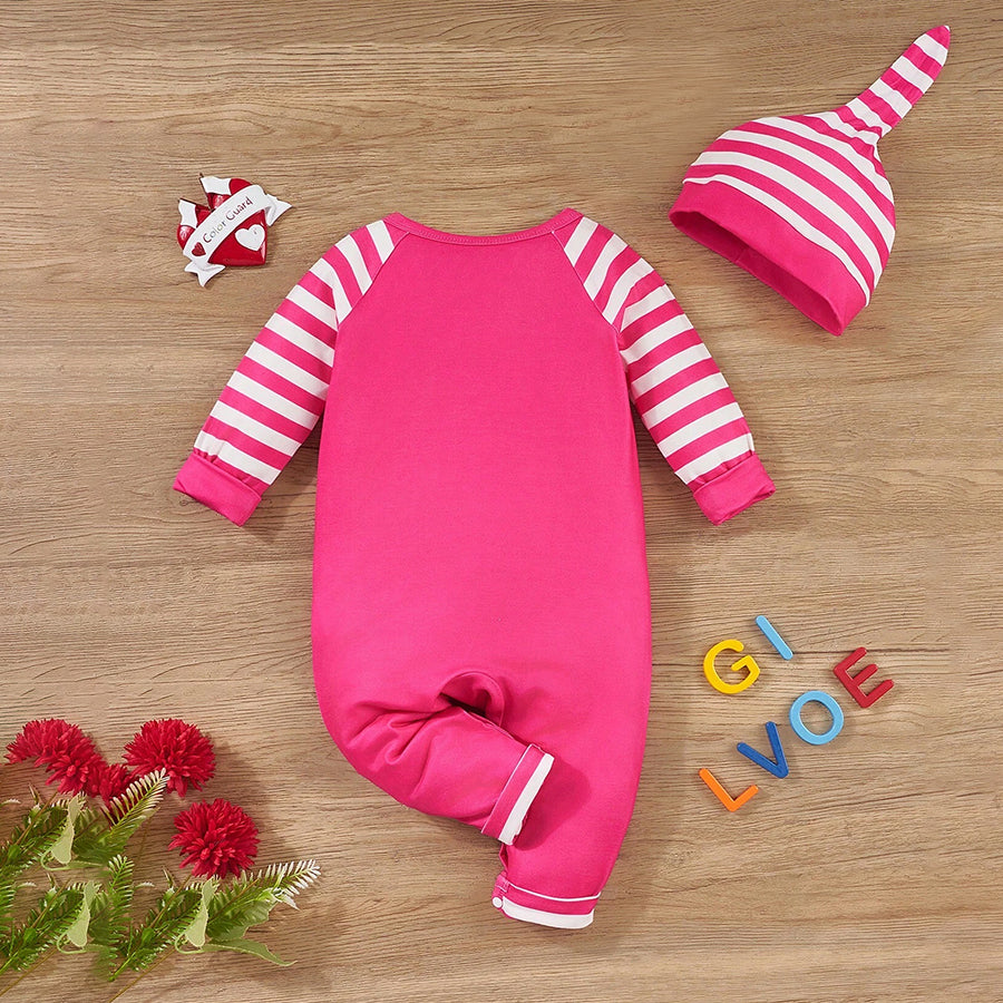 2PCS My GiGi Loves Me Letter Stripe Printed Long Sleeve Baby Jumpsuit