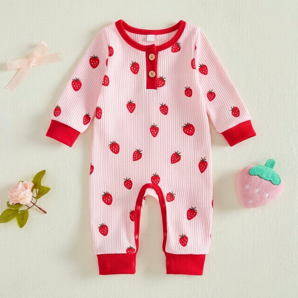 Lovely Strawberry Print Waffle Long Sleeve Baby Girl Jumpsuit