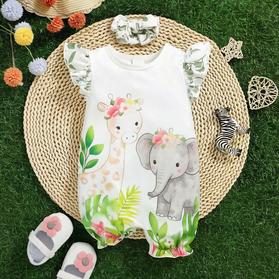 2PCS Adorable Giraffe Elephant Print Flutter Sleeve Baby Jumpsuit
