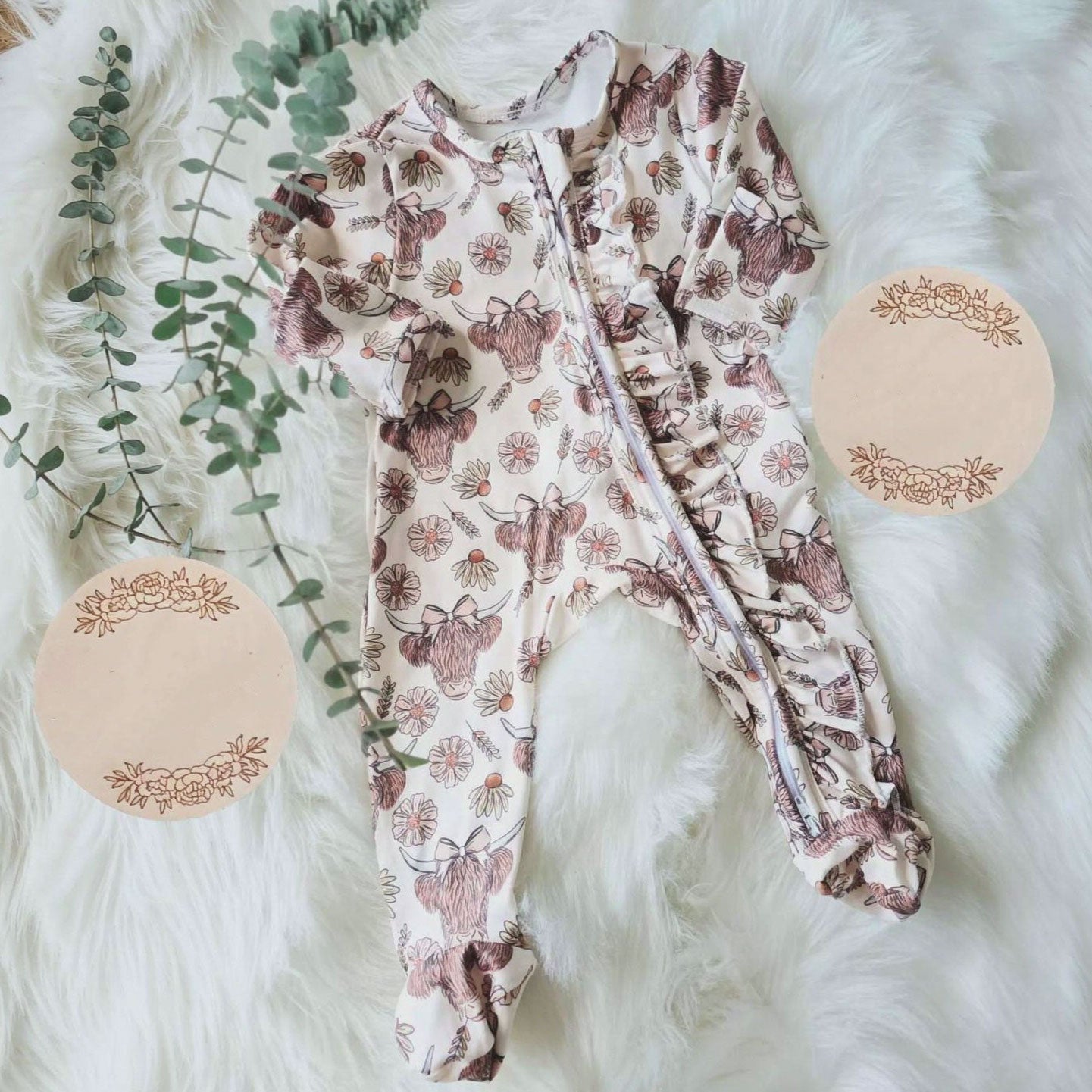 Pretty Cow Floral Printed Long Sleeve Zipper Baby Jumpsuit